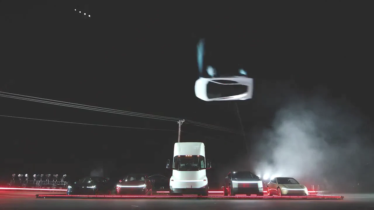 A car flying above a night traffic jam